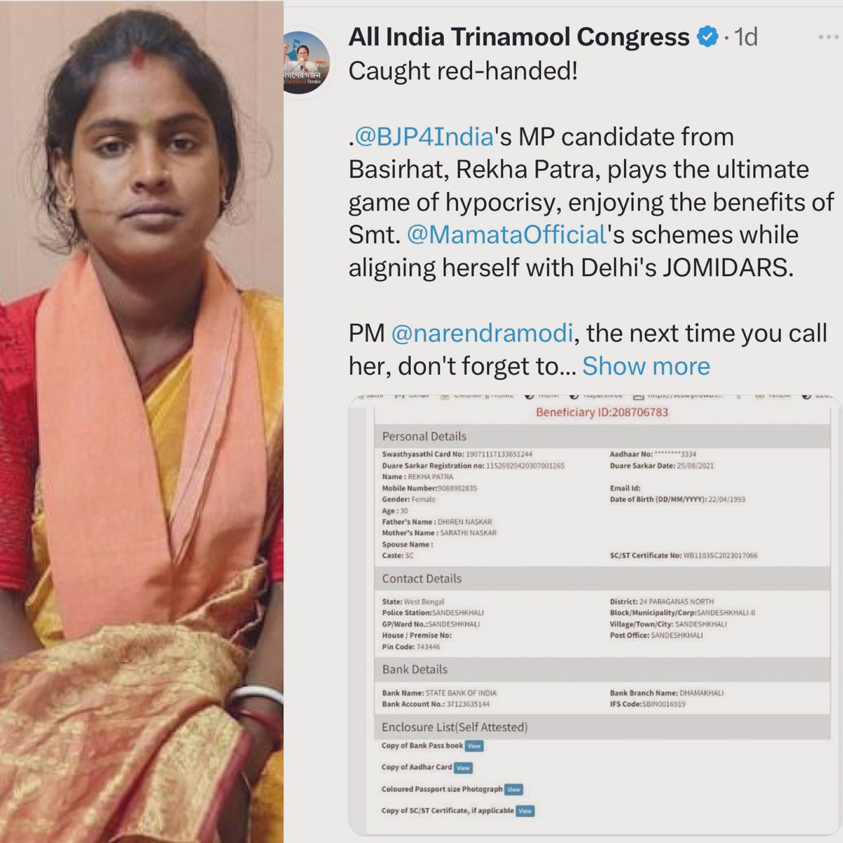 Oh the silence of the ecosystem on this! After denying alleged Sandeshkhali crimes, TMC doxxes & attacks accuser Rekha Patra because she is a BJP candidate ‘despite’ state benefits. Rival party candidate not a state citizen!? 2 min silence for Naari Shakti & fascism gyaanis.💀