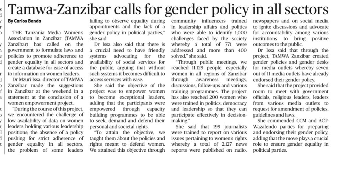 TAMWA Zanzibar calls for gender policy in all sectors- @TheGuardianTzO1 Read more ippmedia.com/the-guardian/n… #MwanakeNiKiongozi #SWILProject @NorAmbTZ