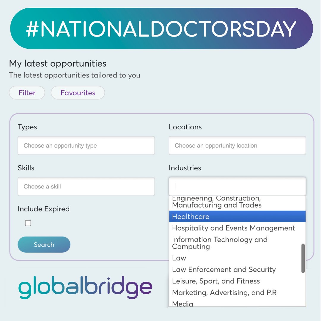 Check out your latest opportunities on your #globalbridge platform under #healthcare in the industry drop down to make your start into the world of #medicine. Login or sign up here: new.myglobalbridge.com/dashboard #nationaldoctorsday #nationaldoctorsday2024 #doctorsday #doctorsday2024