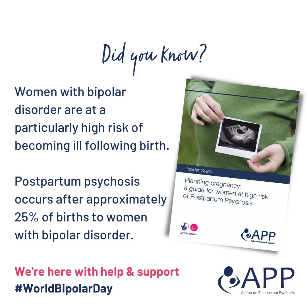 Did you know? Women with bipolar disorder are at a particularly high risk of becoming ill following birth. Postpartum psychosis occurs after approximately 25% of births to women with #bipolardisorder. We're here for you with support: bit.ly/BipolarDisorde… #WorldBipolarDay
