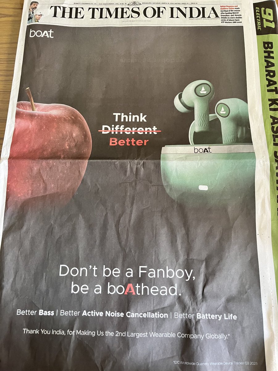 MelwynLewis's tweet photo. It actually took me a while to realise the context of this Ad on the front page of #TOI . Then I realised it after my 10 year old (also a fanboy like me) noticed the pic of the 🍎 . I am still wondering if it is meant to be an April fools joke? #Boat  #Apple https://t.co/qOB3Nf7R4Y