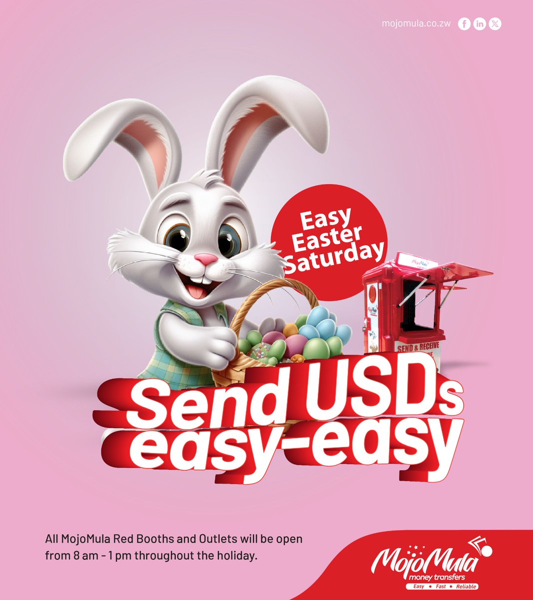 Send USDs Easy Easy...

Send USDs to your loved ones this Easter with MojoMula. All MojoMula red booths and outlets will be open from 8am to 1pm throughout the Easter holiday. Happy Easter Saturday!
#mojomula #easter