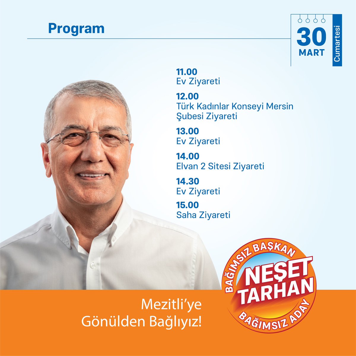 📍30 Mart Cumartesi Günü Programımız

Mezitli’ye gönülden bağlıyız.

Birlikte başaracağız!

@nesettarhanmezitli

#NeşetTarhan #BağımsızBaşkan #BağımsızAday #Mezitli #Başaracağız