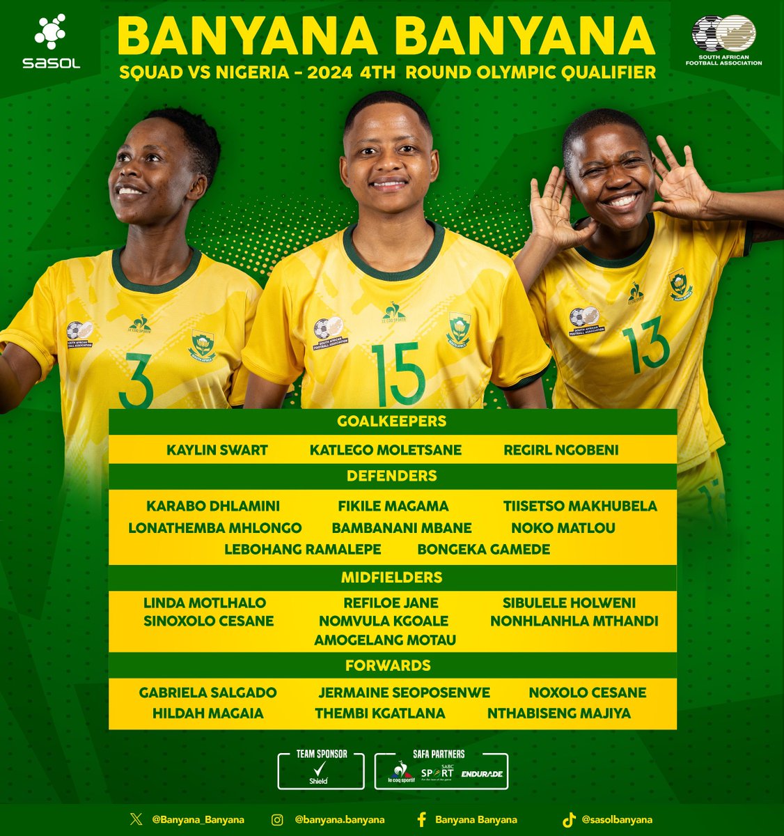 Here we go!

Banyana Banyana🇿🇦 24-member squad to take on Nigeria🇳🇬 in the FINAL round of the CAF Women’s Olympic Qualifier. 

First leg (away)
🗓️05 April 2024
🏟️MKO Abiola Stadium
⏰18:00 (CAT)

Second leg (Home)
🗓️09 April 2024 
🏟️Loftus Versfeld
⏰19:30 (CAT)