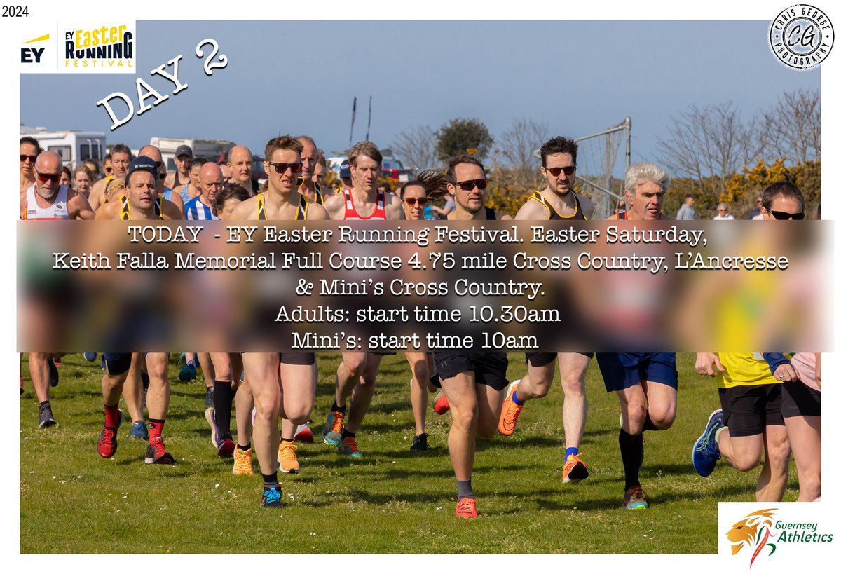 TODAY - @EYnews Easter Running Festival. Easter Saturday, Keith Falla Memorial Full Course 4.75 mile Cross Country, L’Ancresse & Mini’s Cross Country. Adults: start time 10.30am Mini’s: start time 10am @GsyAthletics