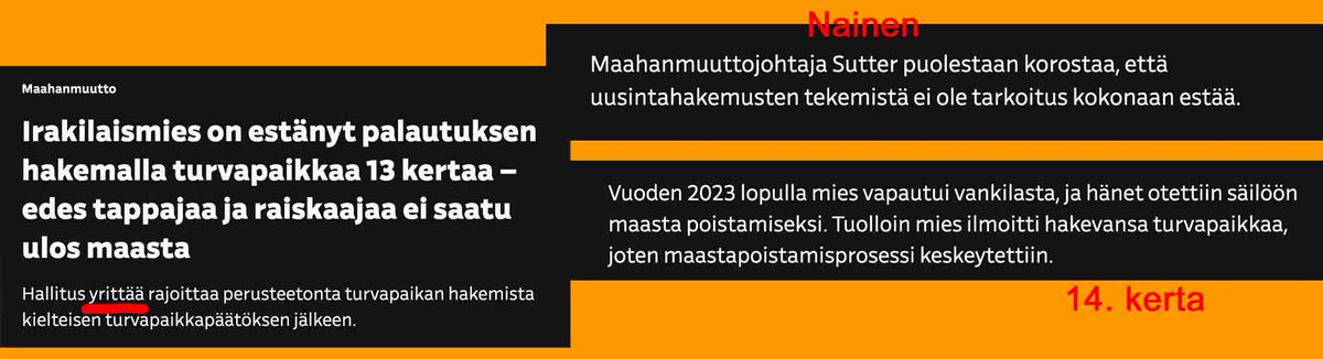PauliVahtera's tweet photo. Yle  julkaisi (29.3.) uutisen, jonka mukaan irakilaismies haki 14. kerran turvapaikkaa Suomesta. Viimeisimmän hän teki vankilasta vapauduttuaan. Vuosina 2020-21 turvapaikkahakemuksista puolet oli uusintahakemuksia.

Taisin olla ensimmäinen, joka paljasti turvapaikkatehtailun. Ystäväni oli 10 vuotta sitten maahanmuuttajien suomen kielen opettajana, ja oli törmännyt viisi kertaa turvapaikkaa hakeneeseen. Selvitimme, miten ihmeessä tämä voi olla mahdollista. Ja olihan se.

Ulkomaalaisten oikeudet Suomessa ylittävät kaiken järjellisyyden, eikä suomalaisilla ole missään asiassa mahdollisuutta valittaa tehdystä viranomaispäätöksestä kymmeniä kertoja.

Jos suomalainen valittaa hallinto-oikeuteen, hän joutuu maksamaan 270 euron oikeudenkäyntimaksun. Korkein hallinto-oikeus veloittaa valituksesta 530 euroa. Toista kertaa samasta asiasta ei voi valittaa.

Maahanmuuttajat voivat valittaa vaikka lopun ikänsä, eivätkä he maksa mitään tästä pelleilystä. Päinvastoin. Valtio maksaa valituksia tehtailevien juristien hävyttömät palkkiot. Valtion oikeusapu kattaa koko valitustoimeksiannon tulkkauksineen.

Turvapaikkatehtailu on Suomen nopeimmin kasvavia bisneksiä. Juristit, pakolaisavut ja -neuvonnat sekä maahanmuuttajien tulkkibisnekset tekevät isoja tilejä tehtaillessaan copy-paste-tekniikalla uusia valituksia ja turvapaikkahakemuksia. Moraalia näillä juristeilla ei ole lainkaan, siitä on ikävä esimerkki Suomen saama tuomio EIT:stä valekuolleen irakilaisen tapauksessa.

Kaikki tietävät, että maahanmuuttajat valehtelevat ummet ja lammet. Valheet olisi helppo osoittaa laittamalla heidän tarinansa tekoälypohjaiseen valheen- ja plagioinnin selvittämiseen tehdyillä ohjelmilla, joilla mm. väitöskirjojen rehellisyyttä tutkitaan. Mutta eihän se käy, koska se lopettaisi tehtailun. Kukaan ei saisi oleskelulupaa. Voi kun Migrin naiset itkisivät sekä työpaikkansa että lutuisten nuorten miesten menetyksinä.

Tässä ei ole järjen hiventäkään. Maailmassa on muutama miljardi ihmistä, jotka voivat tulla Suomeen pyörittämään turvapaikkatehdasta. Eikä eduskunta saa aikaan lakia, joka sen lopettaa. Asia on yksinkertainen: hae turvapaikkaa, jos et saa voit valittaa kerran, mutta siihen se loppuu. Uutta hakemusta ei voi jättää ja se varmistetaan sormenjäljillä.

Maailma ei ole oikeudenmukainen, eikä se tällaisella pelleilyllä sellaiseksi muutu. Kukaan ei ole kiinnostunut suomalaisten oikeusturvasta. Mutta jokainen ulkomaalainen saa moninkertaisen oikeusturvan ja elatuksen, vaikka hän olisi murhaaja, raiskaaja ja sarjarikollinen.
https://t.co/mkKbWWNvH6