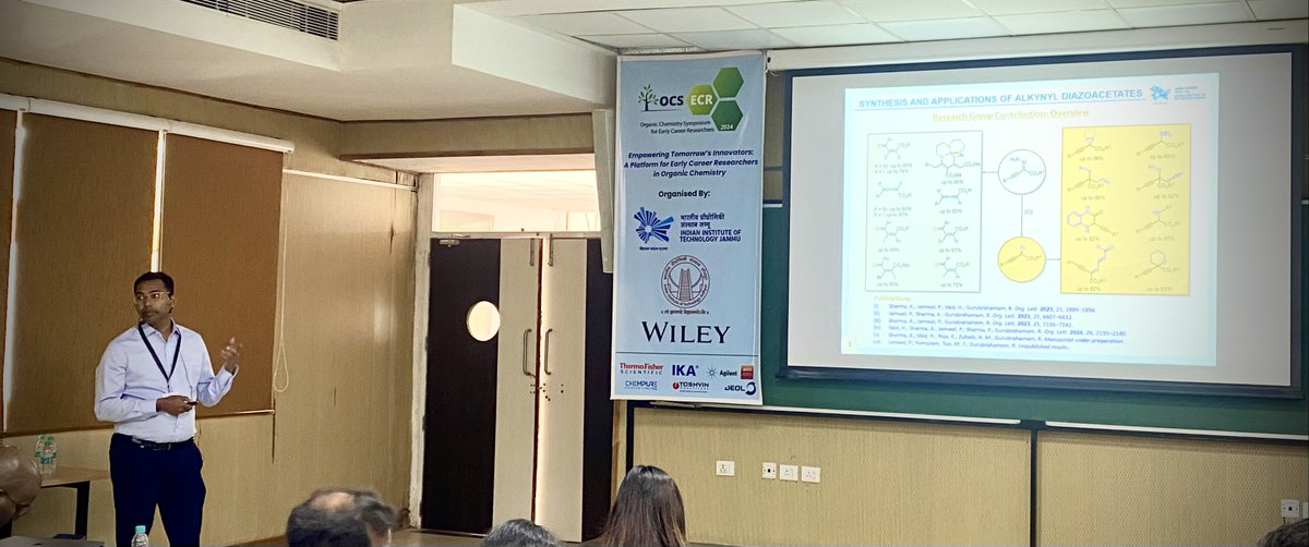 OCS-ECR-2024 (@ocsecr2024) on Twitter photo Dr. Guru B Ramani, our esteemed speaker, delivered a wonderful talk on alkynyl hydrazones.
<a href="/SM_IITJ/">Sandip Murarka</a> <a href="/AscrgLab/">PC_Lab<a href="/IITJammu/">IIT Jammu</a></a> <a href="/Wiley_Chemistry/">Wiley Chemistry</a> @ChemAsianJ
<a href="/EurJOC/">EurJOC</a> @IITJammu <a href="/iitjodhpur/">Indian Institute of Technology Jodhpur</a> <a href="/gurubrahamam/">Gurubrahamam Ramani</a>
#OCSECR2024 Dr. Guru B Ramani, our esteemed speaker, delivered a wonderful talk on alkynyl hydrazones.
<a href="/SM_IITJ/">Sandip Murarka</a> <a href="/AscrgLab/">PC_Lab<a href="/IITJammu/">IIT Jammu</a></a> <a href="/Wiley_Chemistry/">Wiley Chemistry</a> @ChemAsianJ
<a href="/EurJOC/">EurJOC</a> @IITJammu <a href="/iitjodhpur/">Indian Institute of Technology Jodhpur</a> <a href="/gurubrahamam/">Gurubrahamam Ramani</a>
#OCSECR2024
