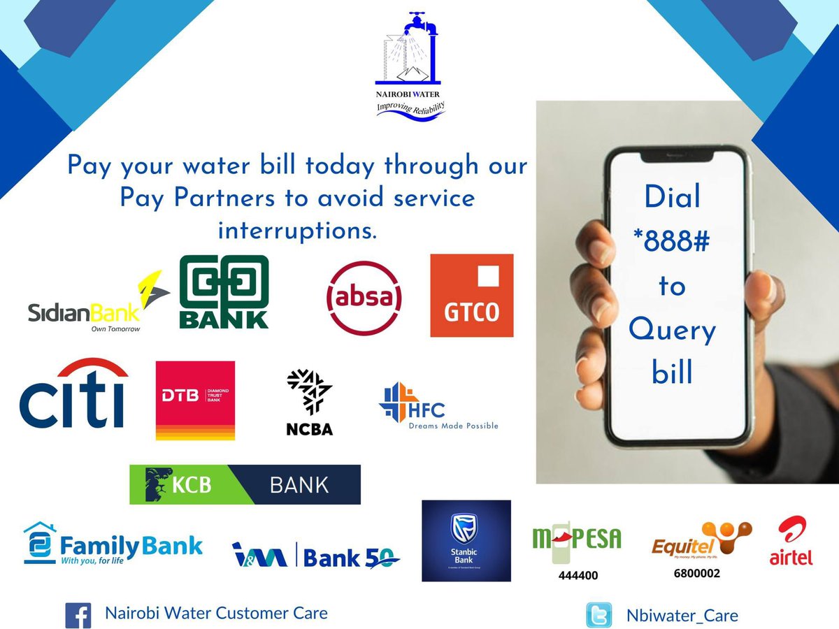 Enjoy uninterrupted celebrations this Easter by paying for your water bill. To pay, dial *888# & select option 3. You can also pay through our partners M-Pesa 444400, Equitel 6800002, Airtel Money, Coop Bank, ABSA, DTB, Sidian, NCBA and Citi Bank. Call +254724253582 for queries