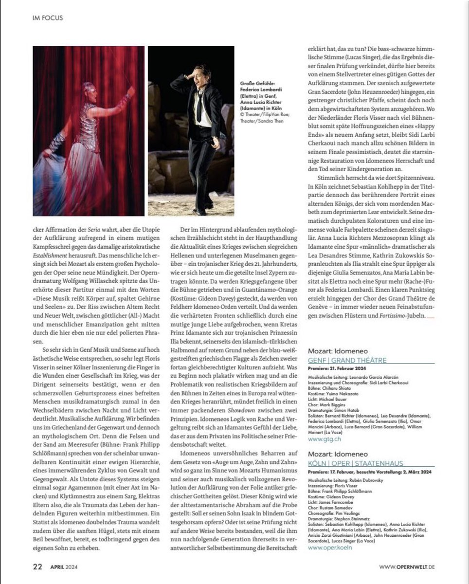 “Mozart’s early opera seria Idomeneo demonstrates its timeless actuality through an excellent production by Floris Visser in Cologne!”
Thank you 🙏 Opernwelt!
#Idomeneo #mozart #opera #newproduction #review #operköln @kultiversum_opr