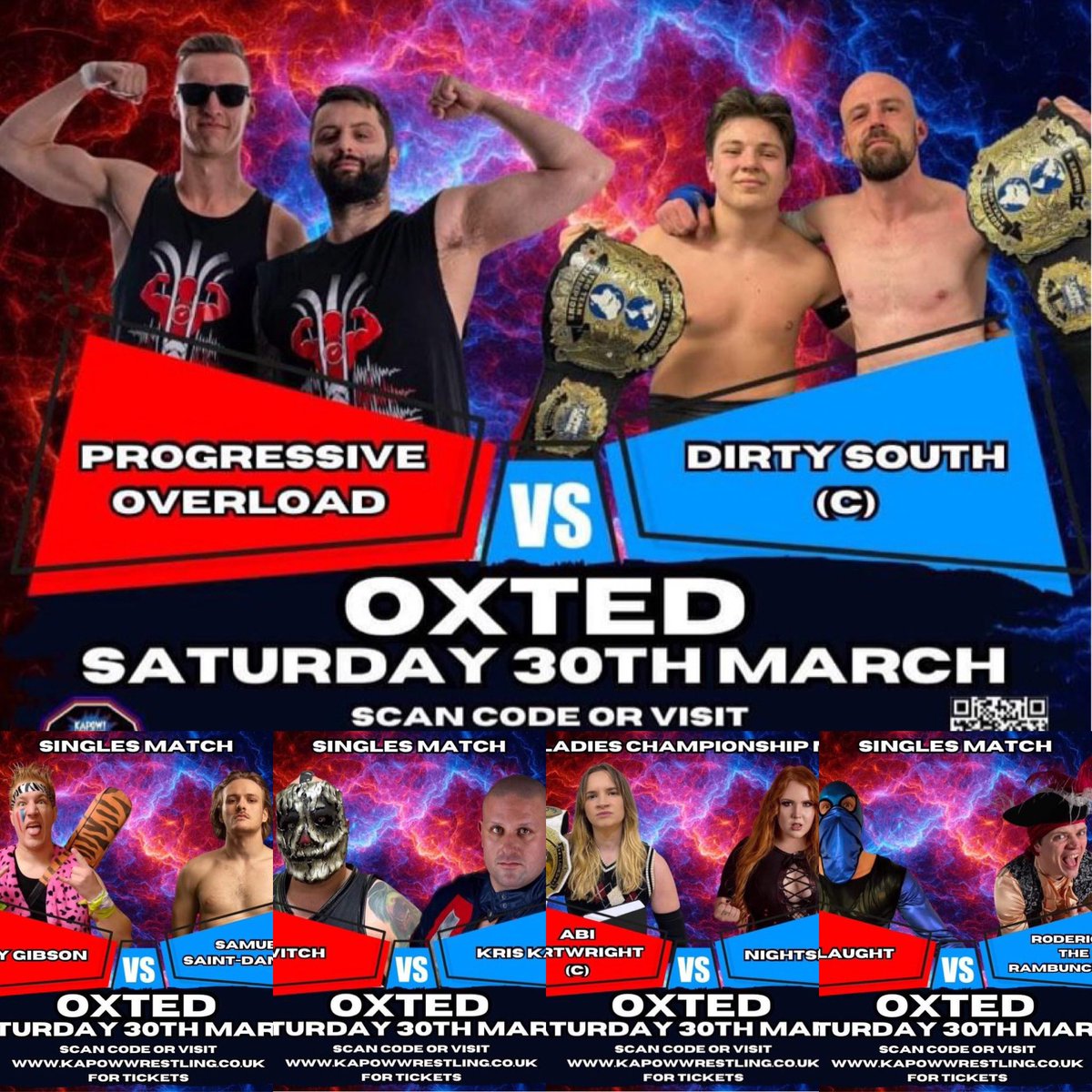 #tonight in #oxted #surrey we’ve got a stacked line up for you! The main event will see Dirty South defend their tag team championships against Progressive Overload. #wrestling #wrestler #familyfun #wwe #wrestlemania #aew #tna