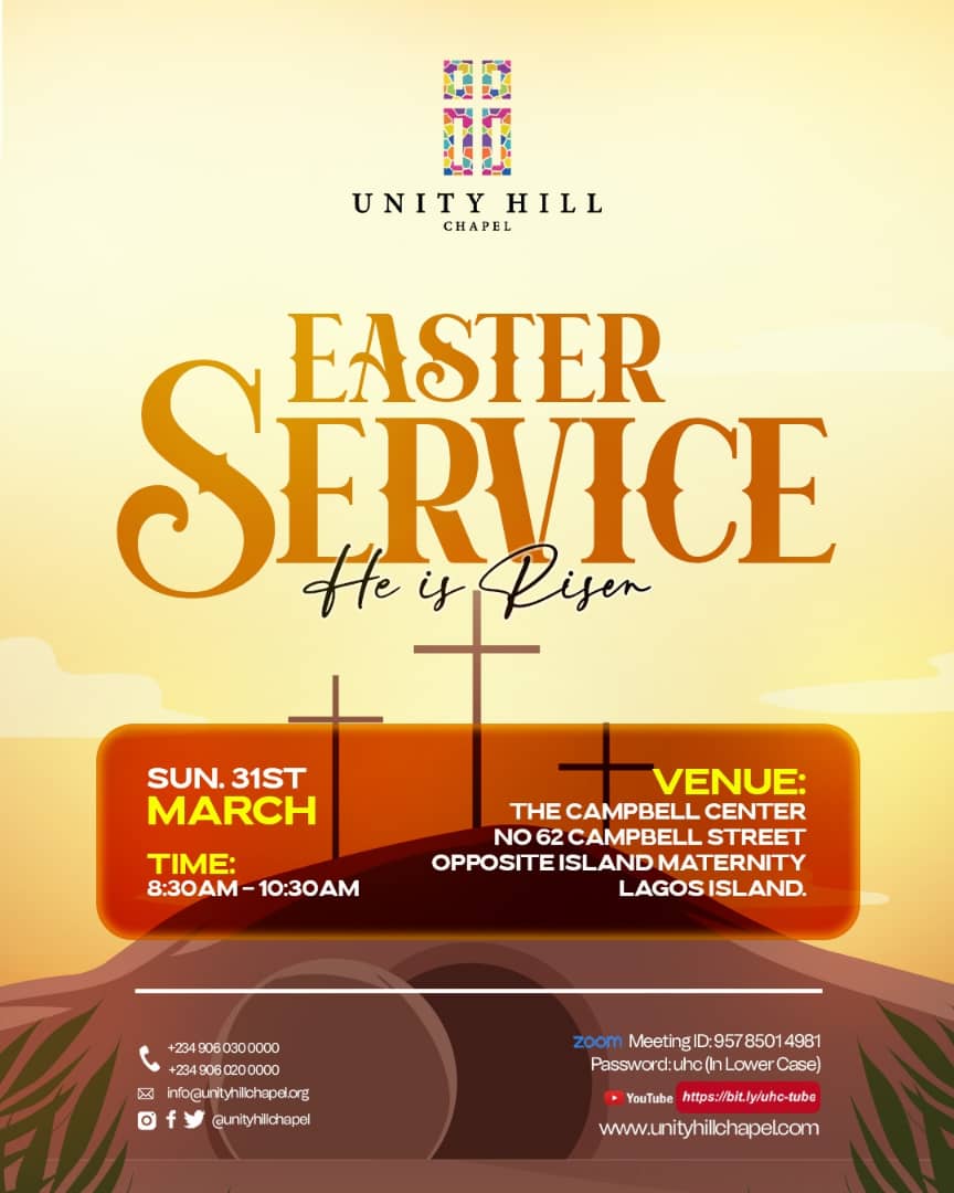 unityhillchapel's tweet photo. He is Risen! ✝️ 

Celebrate Easter joy with Unity Hill Chapel! Service tomorrow, Mar 31, 8:30-10:30am WAT at The Campbell Centre or online 

Zoom: https://t.co/pOTsK6wCXU (Meeting ID: 957 8501 4981, Password: uhc)

YouTube: https://t.co/cY2TjonanT

#EasterSunday #Uhc #Lagos https://t.co/KwmFqIp9bQ