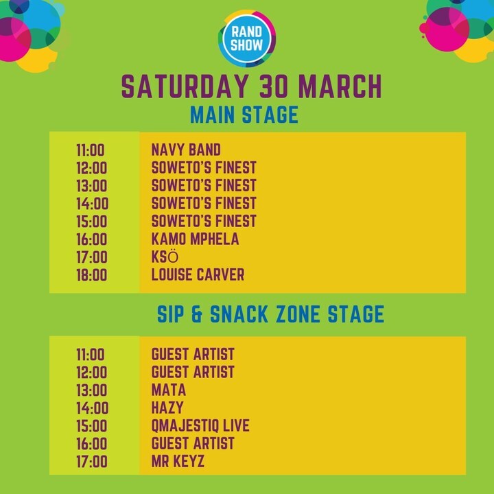 Don’t miss out on these live performances, included in the price of your ticket! 

How do I get my tickets? 

At the entrance gates at The Rand Show - 28 March to 01 April. 

Online at TicketPro - rb.gy/2cwcv0 

At any physical TicketPro outlet eg: At Spar PayZone.