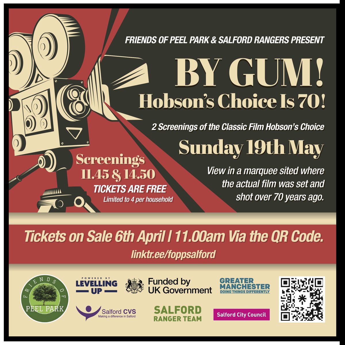 It's 50 days until our 'By Gum !Hobsons Choice is 70' celebration. Free tickets for the 2 screenings in a large marque will be available to book from next Saturday 6th April at 11am via the link linktr.ee/foppsalford #Hobsonschoiceis70