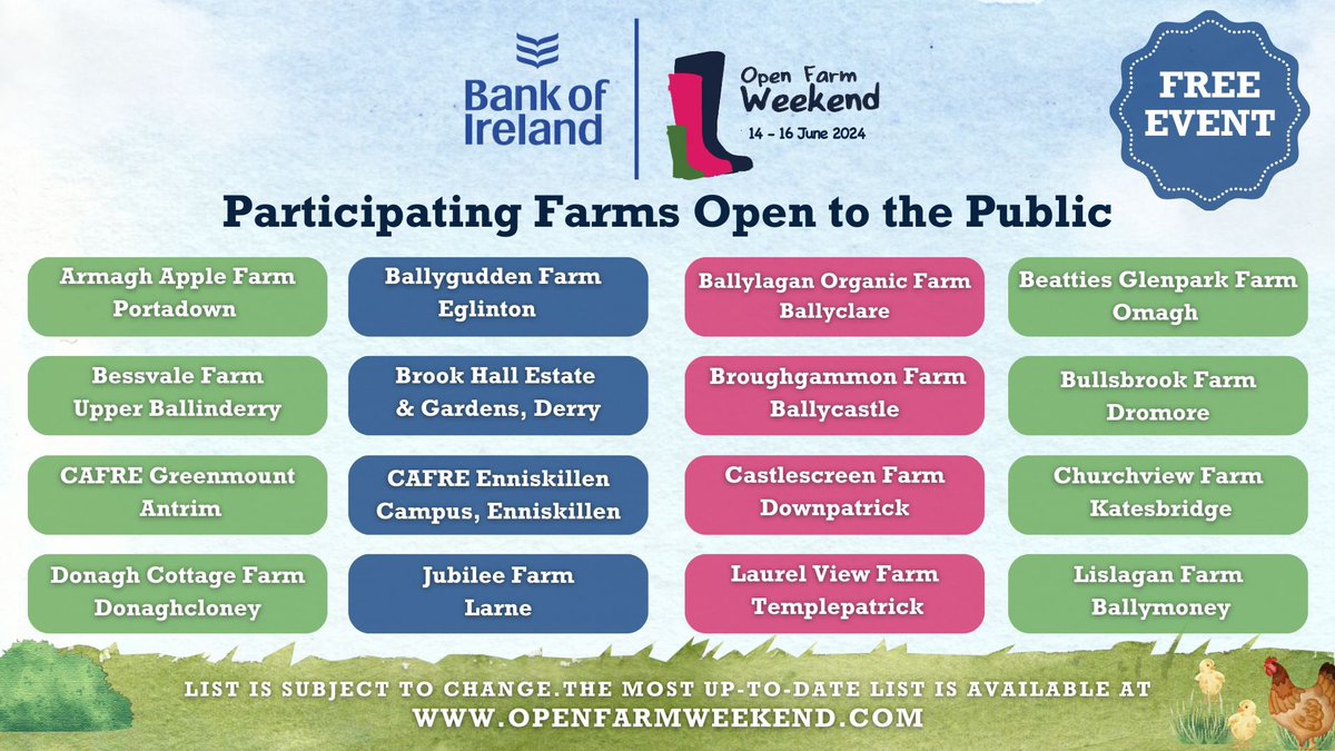 Bank of Ireland Open Farm Weekend returns Fri 14-Sun 16 June. Enjoy this FREE to attend showcase of NI food &amp; farming. With 21 farms participating (in school or public days) there’s something for everyone. Here are the 16 farms open to the public on either Saturday/Sunday or both