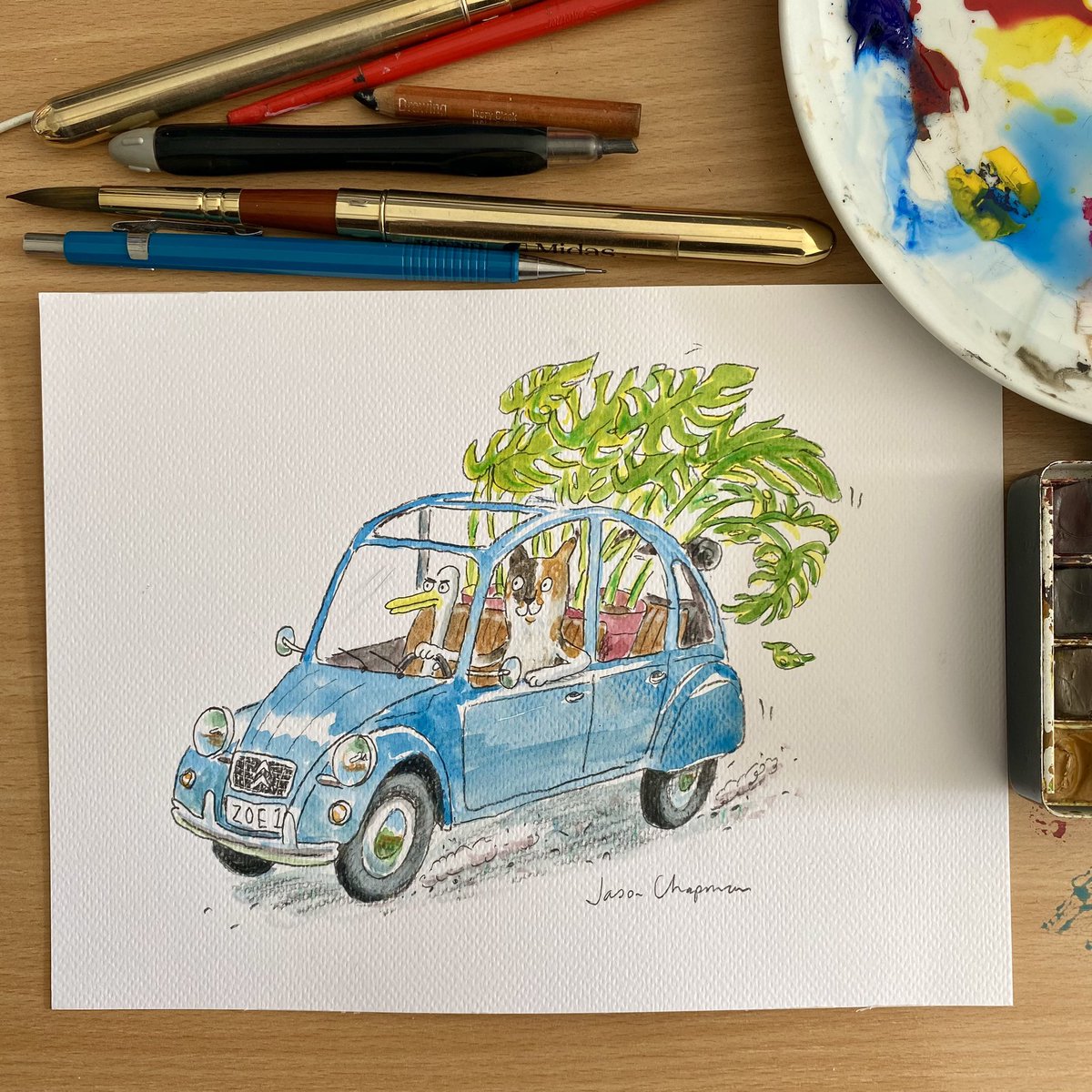 Going home gift for our lovely French exchange student who stayed with us this week. Her cat and a duck in a 2CV #kidlitart #illustration #caturday #illustrationjeunesse #cat #catlover #catlife #catillustration #duck #ducklife #duckillustration #citroen #2cv #citroen2cv6 #france