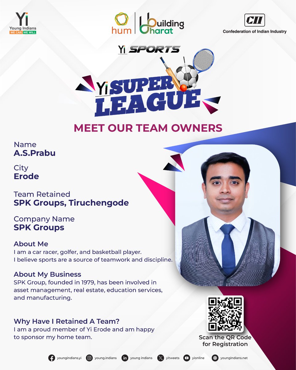 Meet A.S. Prabu, our member from the Erode chapter. Proudly sponsoring SPK Groups Tiruchengode through Yi Erode, he is inspired by the spirit of teamwork and discipline in sports and business. #Yi #Cii #YoungIndians #yisports #yiteam #sponsorship #buildingbharat #HUM