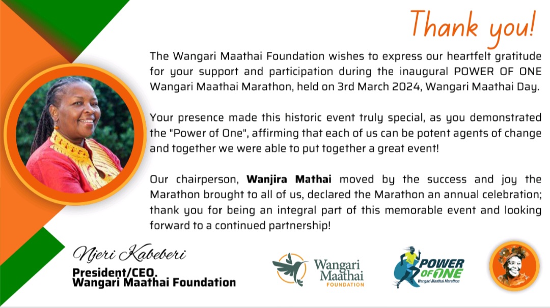 Reminiscing on the #WangariMaathaiMarathon that happened early this month with over 2000 participants joining us to celebrate #WangariMaathaiday. The marathon was a huge success, and a big thank you to all our partners and all the participants. #PowerOfone