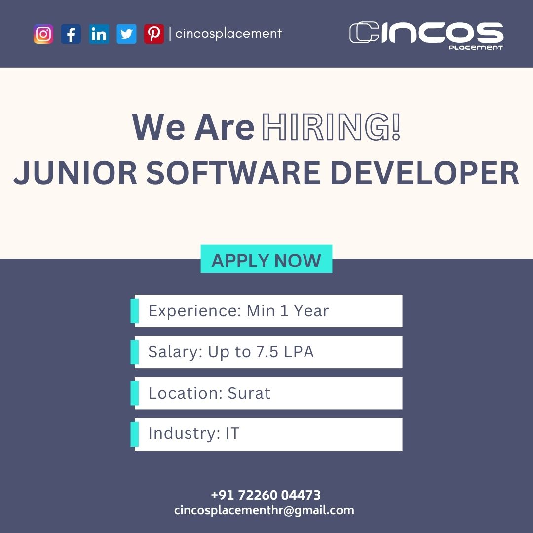 cincosplacement's tweet image. Opportunity for a Junior Software Developer! Partner with the top IT job placement consultancy in Surat.
Contact Us
Phone: +91 7226004473
#JuniorSoftwareDeveloper #SuratJobs #TechBeginner #Job #BestITPlacementConsultantInSurat #BestITPlacementCompanyInSurat