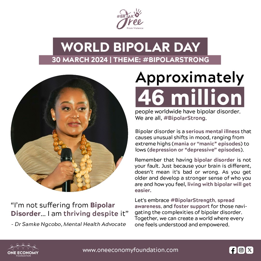 Today, on World Bipolar Day, let's honour the resilience & strength within every individual facing bipolar disorder. Dr. Ngcobo's inspiring words remind us that we can thrive despite the challenges. Let's raise awareness & support for all those navigating this journey. #WBD24
