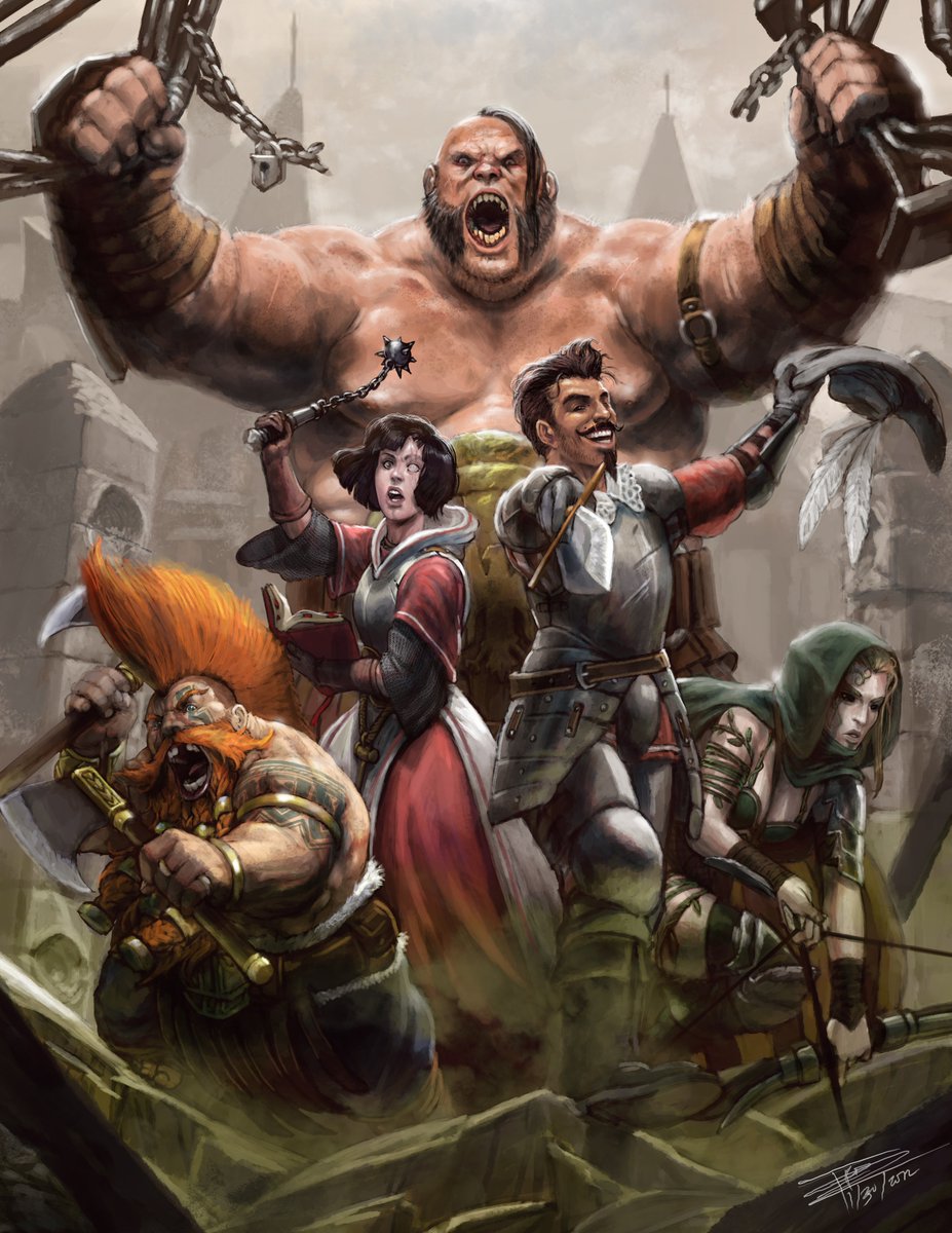 Forget about Ubersreik Five... Here's a #WFRP party worthy of legend!🤟 We have a Slayer, a Waywatcher, a friggin' Ogre and two obligatory humans. Instead of a Warrior Priest we get a Warrior Priestess, wielding a sweet Morning Star. Awesome! Art by @FrostLlamzon #WarhammerArt