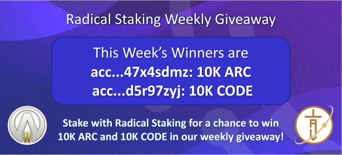 This week's giveaway winners are: 🏆 acc...47x4sdmz: 10K ARC 🏆 acc...d5r97zyj: 10K CODE Congratulations and thank you for supporting @arcanelabyrinth, @ProjElysium and @RadicalStaking! Missed this week's giveaway? Find out how to enter at bit.ly/3MkwmDR #Radix…