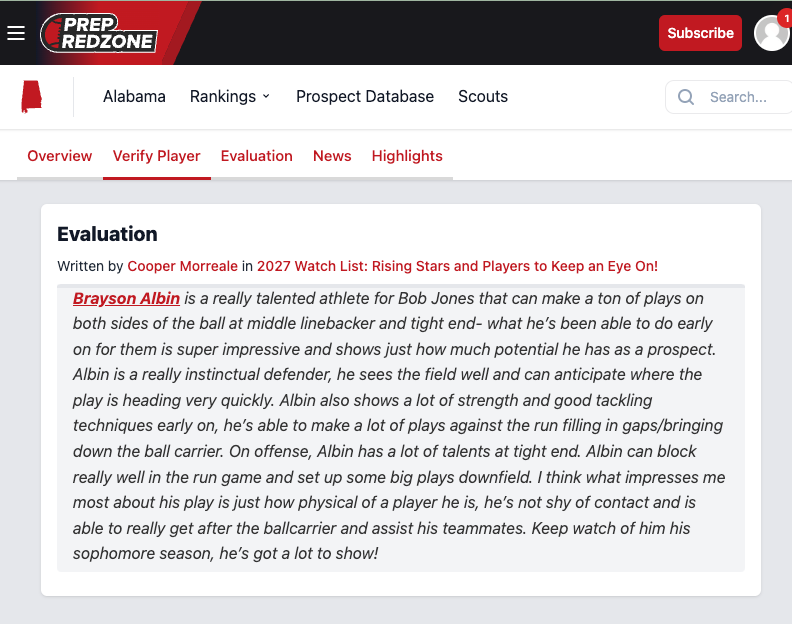 Thank you @CooperMorreale for the write up! Working every day to get stronger and better 💪🏻🏈🎯 prepredzone.com/player/brayson… @PrepRedzoneAL @bjrecruiting