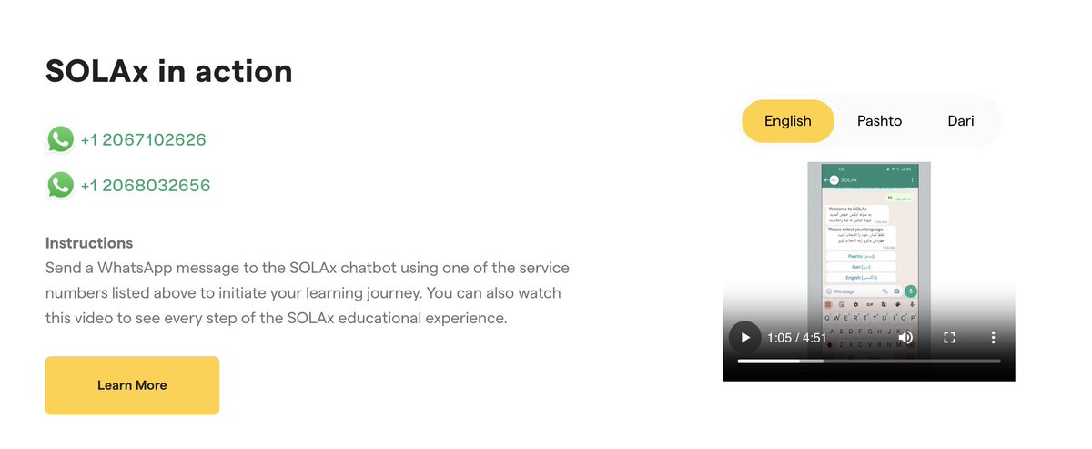 To #Afghan girls worldwide: we built @SOLAxOnline for you, as an opportunity to continue your educations - and now it's here. Here's how you join: please watch the demo video here (youtube.com/watch?v=xxu2i-…) and here are the SOLAx numbers you can text to join: +1 2067102626 and +1