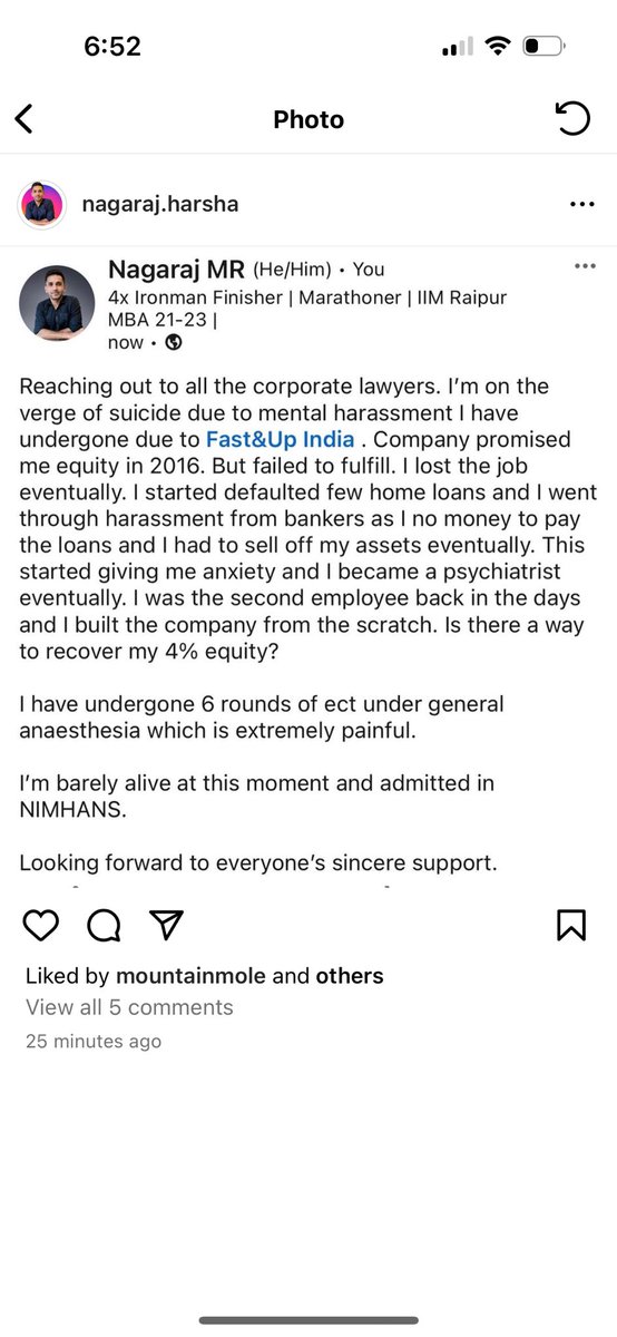 Can someone please help our friend? He has been facing a lot of issues stemming from an unsettled equity in the startup he worked at. A corporate lawyer and help. Please spread the word. He has faced enough and needs help. His mental health has taken a major hit #help #viral