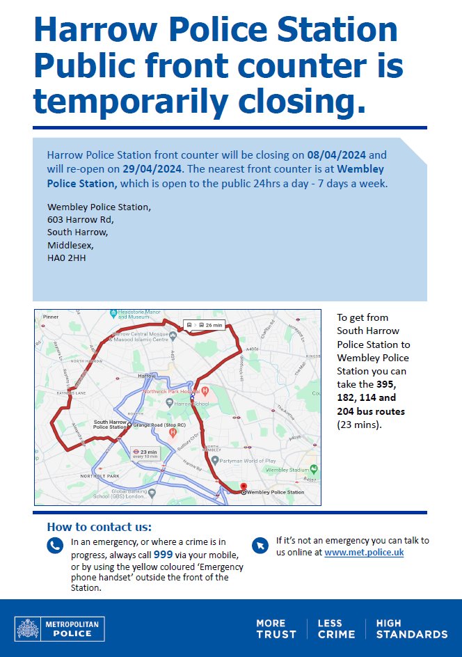 #HarrowWeald Residents. Please see the below regarding #Harrow Police Station temporary closure.

As always you will see our officers out and about when they are on duty. If you need to speak to us don't hesitate to stop us for a chat.