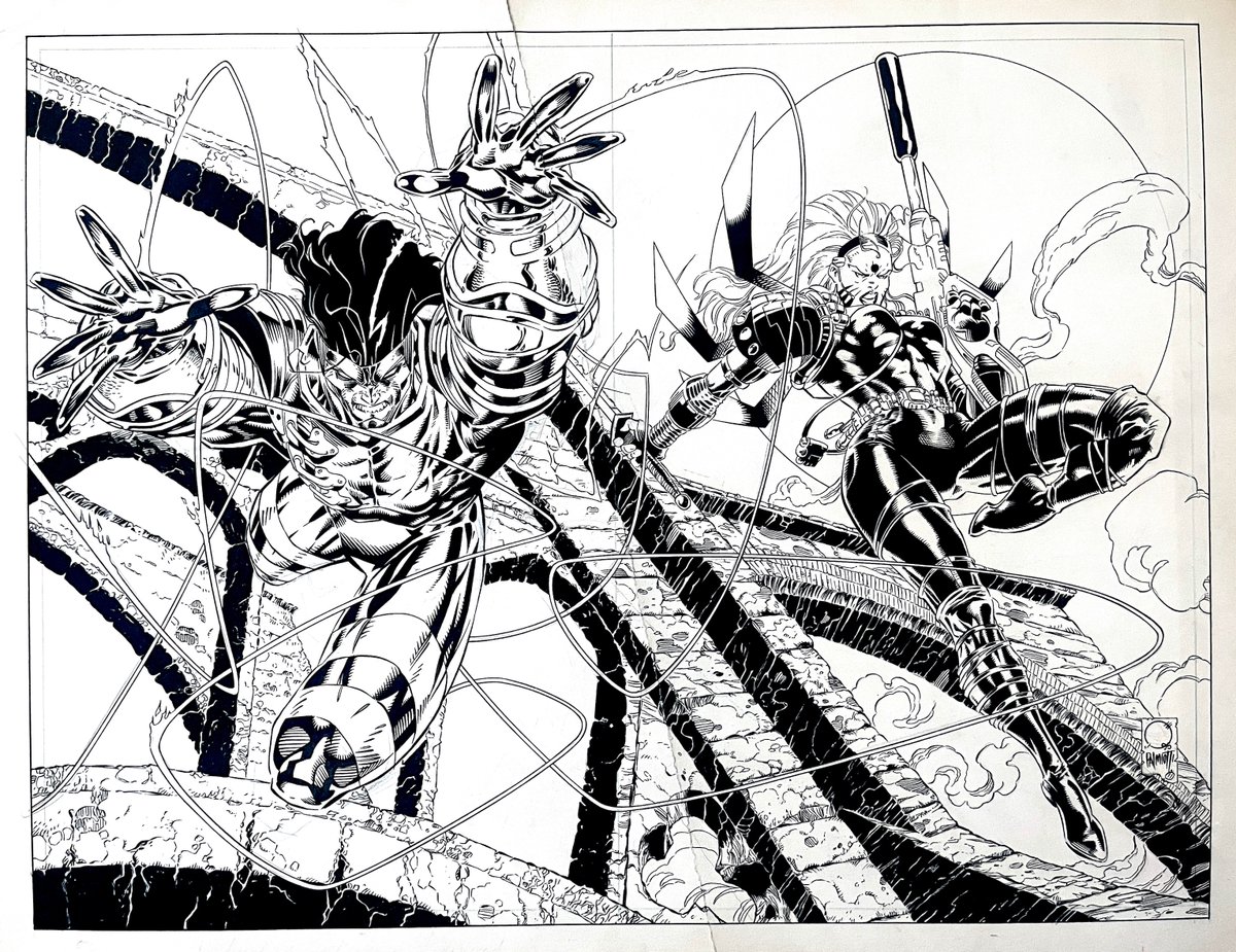 PIN UP done in the 90's by @JimLee and @JoeQuesada with inks by me. It was done on illustration board that got folded in shipping. Still sits flat even with the crease. ASH by Jim, and Zealot by Joe. Fun times.