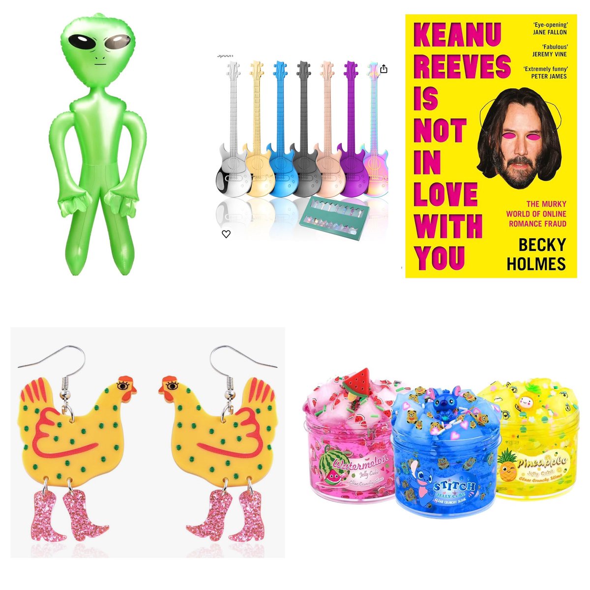 Below are five different things available on Amazon to have delivered to your home tomorrow, each with a price tag of £8.95: 1) one pair of acrylic chickens-in-cowboy-boots earrings 2) one (small) inflatable alien 3) seven guitar-shaped teaspoons 4) three pots of slime…