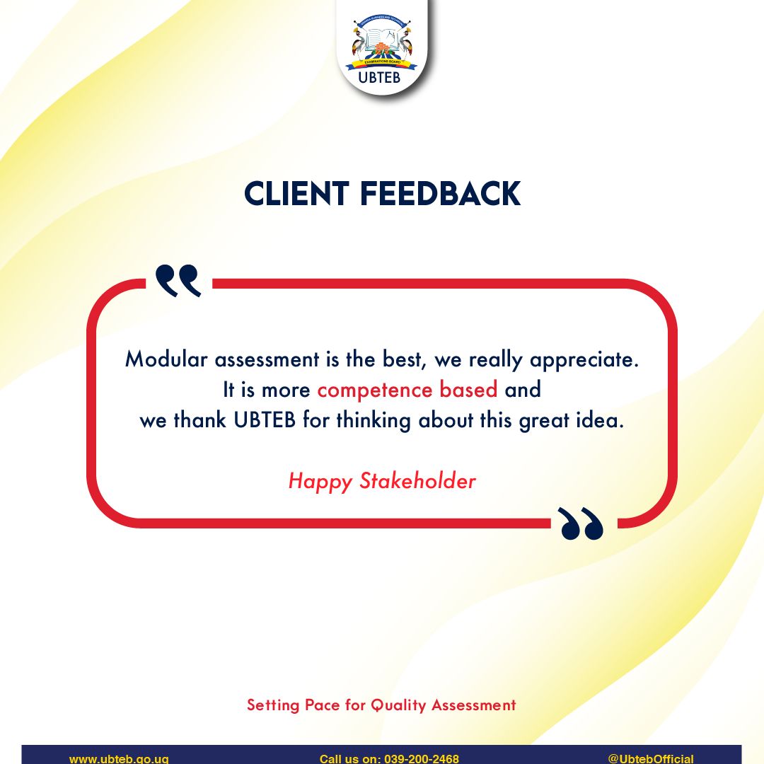 Modular Assessment is the best, we really appreciate. Its more competence based and we thank UBTEB for thinking about this great idea @Educ_SportsUg, @GCICUganda @UgandaMediaCent ,@TVETuganda