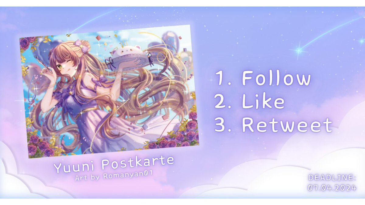 💜 Postkarten Verlosung 💜

Um mitzumachen müsst ihr einfach nur
- Followen
- Liken
- Retweeten

Das Gewinnspiel endet am 07.April um 23:59! ✨