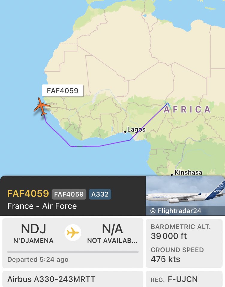 Chad 🇹🇩 
• US Africom/Special Ops • GLF IV (N48GL 🇺🇸) from Accra to N’Djamena.
• France Air Force • A330MRTT (F-UJCN 🇫🇷) from N’Djamena to Istres.
• French Special ops Kodiak 100 (F-HKOD 🇫🇷) on Niger border.