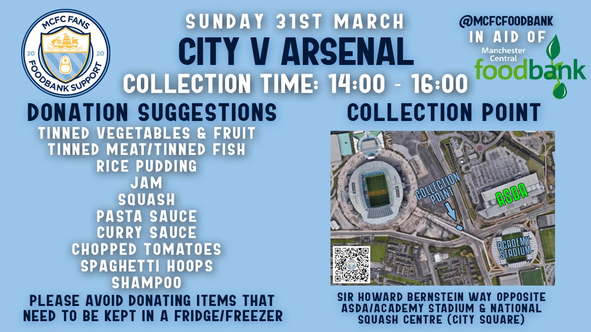 We're back at the Etihad tomorrow, supporting our communities ahead of biggest home game of the season so far #MCFC v @Arsenal! 🤝 Away fans welcome 🍉 Donations to @McrFoodbank 🕒 14:00 - 16:00 📍 Sir Howard Bernstein Way 📍 National Squash Centre #HungerDoesntWearClubColours