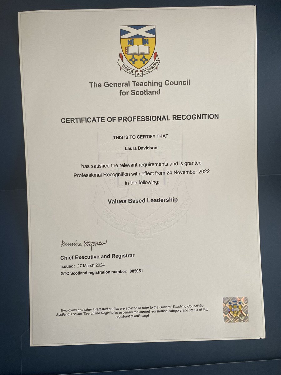 Delighted to have received this in the post this morning from <a href="/gtcs/">The General Teaching Council for Scotland</a> Thank you to <a href="/Columba1400/">Columba 1400</a> for the experience. The HT Leadership Academy was one of the BEST professional development experiences I have had. Would highly recommend. #professionaldevelopment #valuesbasedleadership
