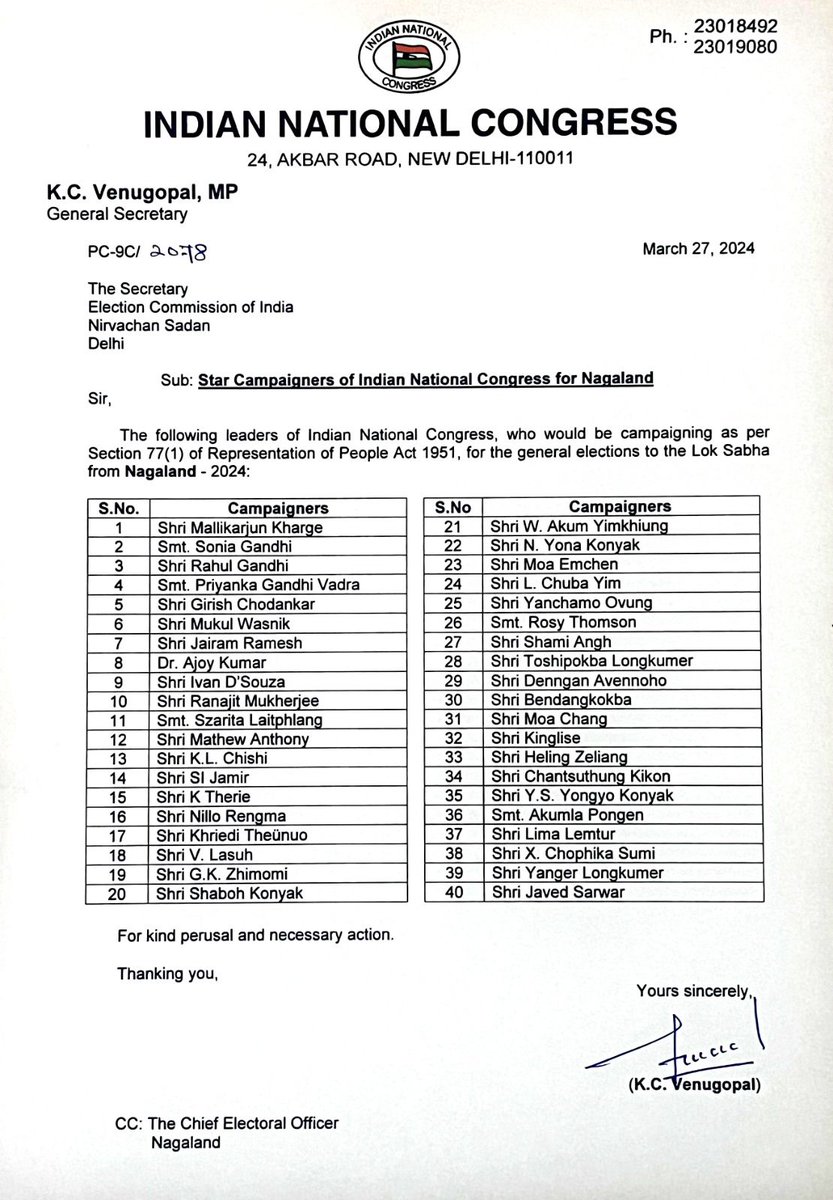 Honored to be included in the list of Star Campaigners of Indian National Congress for the General elections to the Lok Sabha from Nagaland. 🙏

People are yearning for change and we will go to the last mile to spread the message of Congress to bring the party back to power.