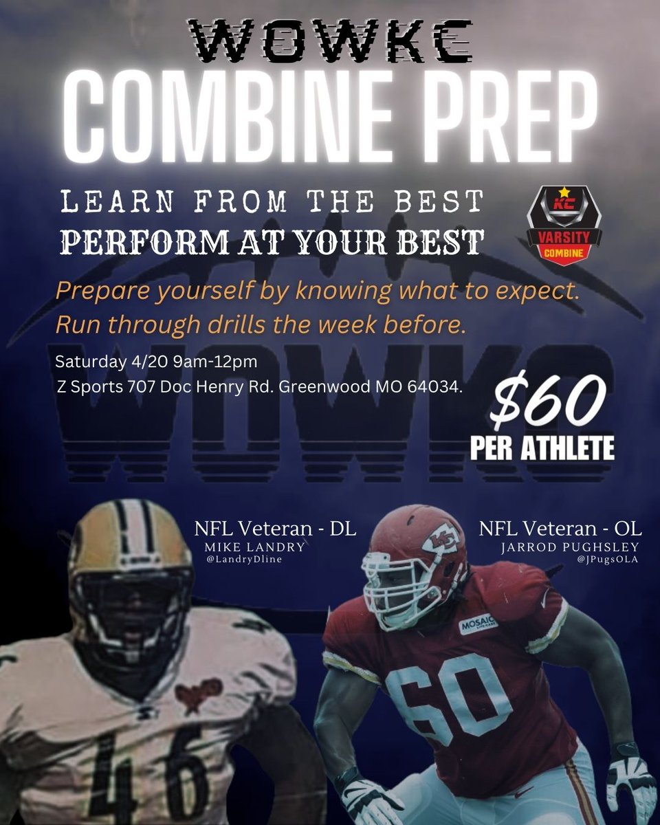 All my '26/27 OL & DL going to the @Varsitycombine1 PLEASE take advantage of this Combine Prep put on by @WOWKC & x2 NFL Vets who know what they're talking about. Run through the drills & learn what to expect before doing it in front of College Coaches DM: @JPugsOLA @LandryDline