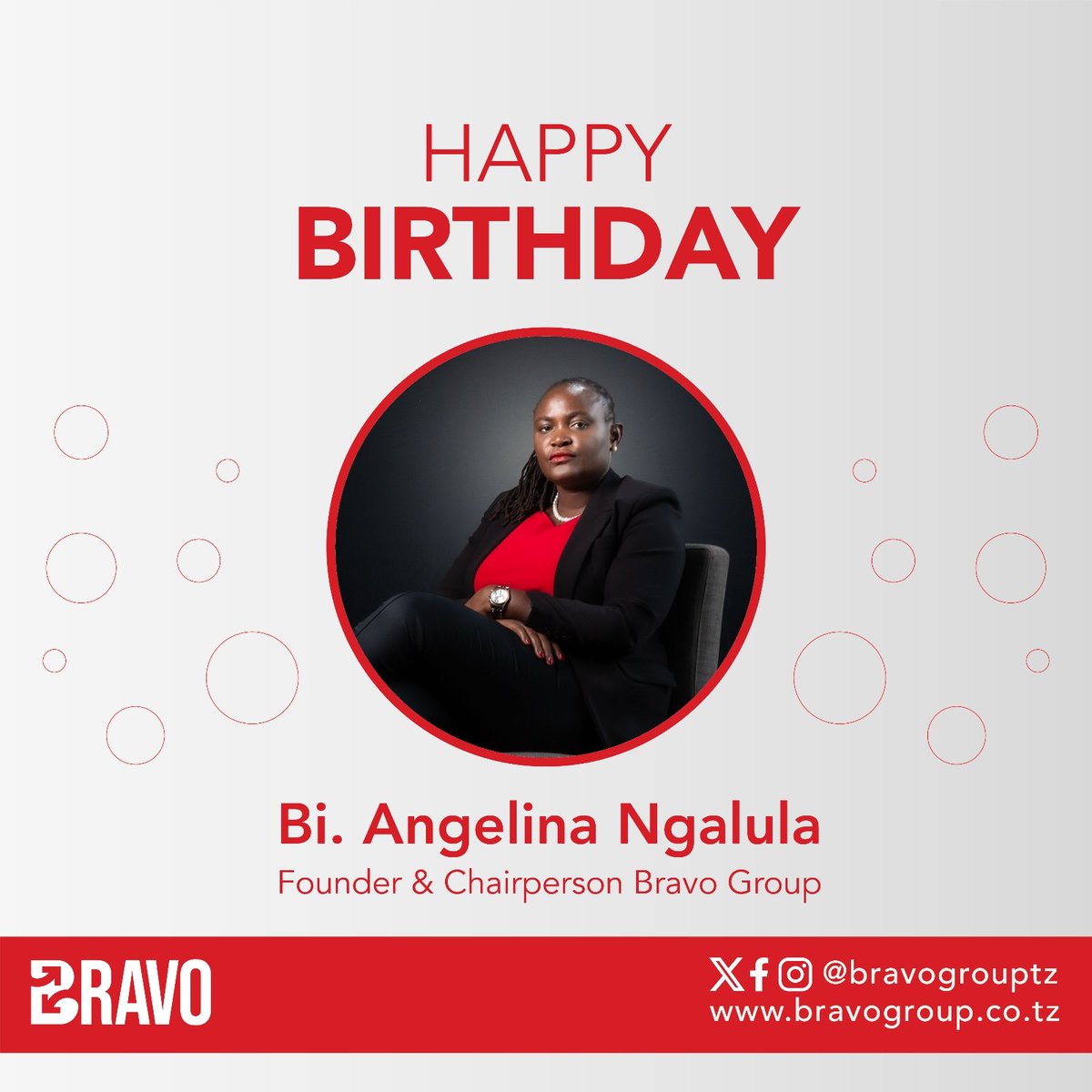 BravoGroupTz's tweet photo. We wish our visionary Founder &amp; Chairperson, Ms. Angelina Ngalula (@ngalulaangelina) a very happy birthday!!

#BravoGroupTz #BuiltToDeliver https://t.co/87wG6Zv5Jm
