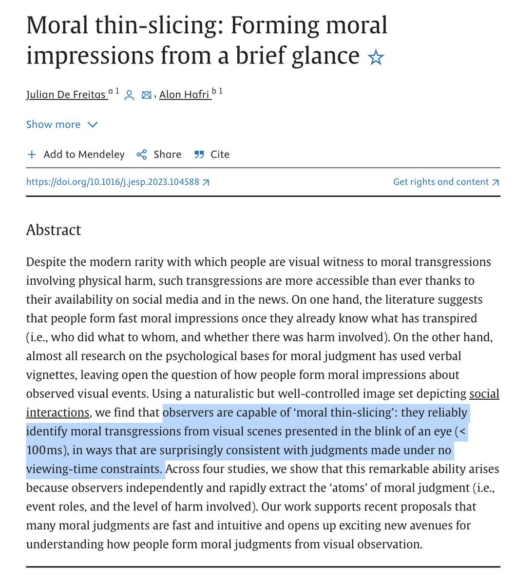 New evidence of rapid moral perception. People engage in moral thin-slicing--they identify moral transgressions from visual scenes presented in the blink of an eye (< 100 ms), in ways that are consistent with judgments made with no time constraints. sciencedirect.com/science/articl…