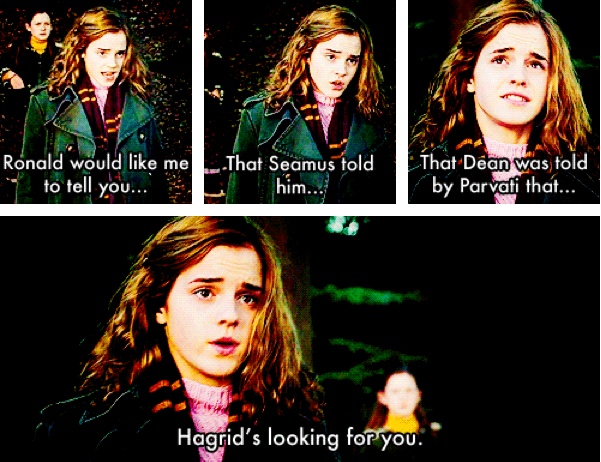 'Hagrid's looking for you.' – Hermione Granger