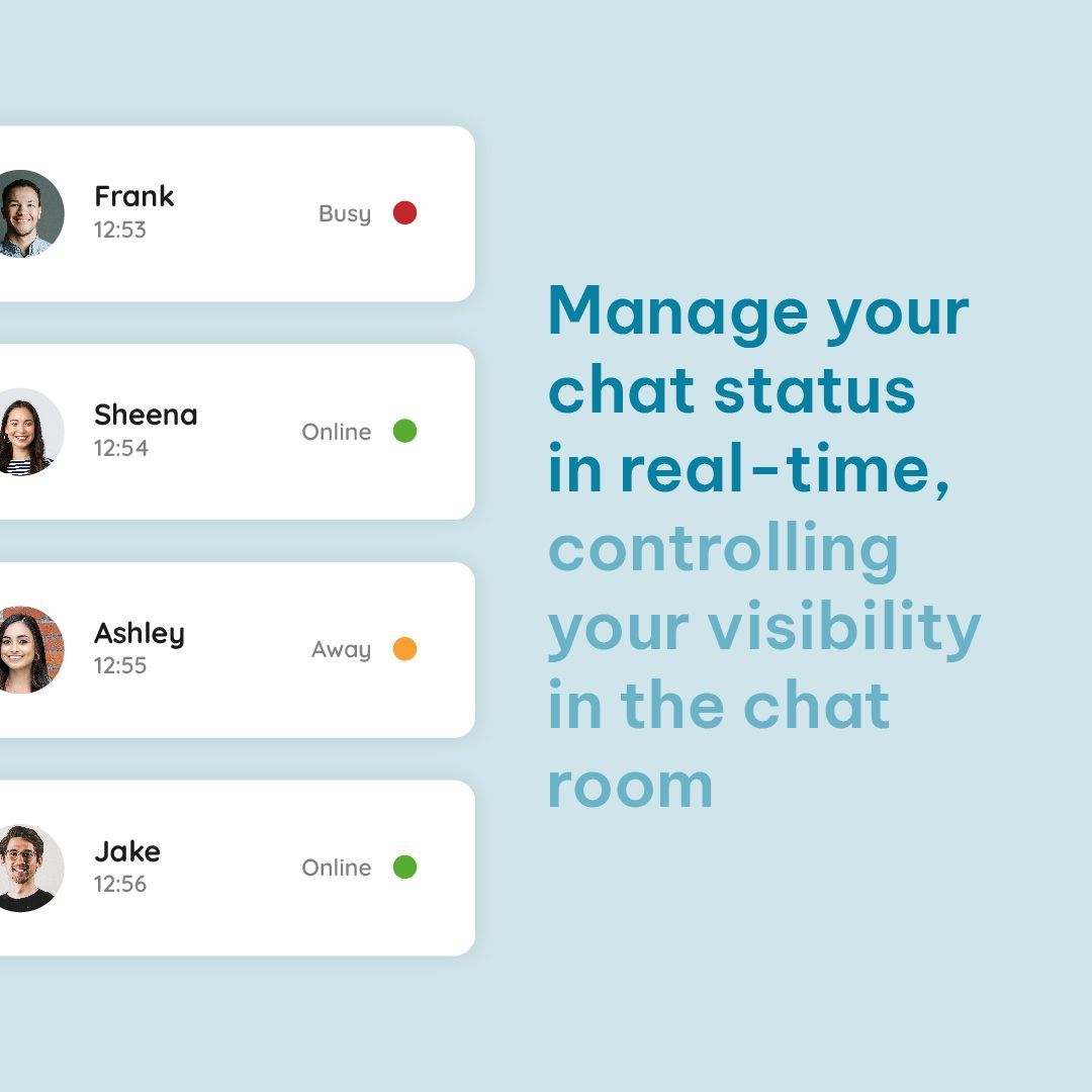 Easily switch up your chat status with the click of a button. Choose between ''online,'' ''busy,'' or ''away'' anytime you like.

Find out more about the feature here: buff.ly/3xBfZcV

#chatroom #saaschat #wp #wpplugin #chatstatus