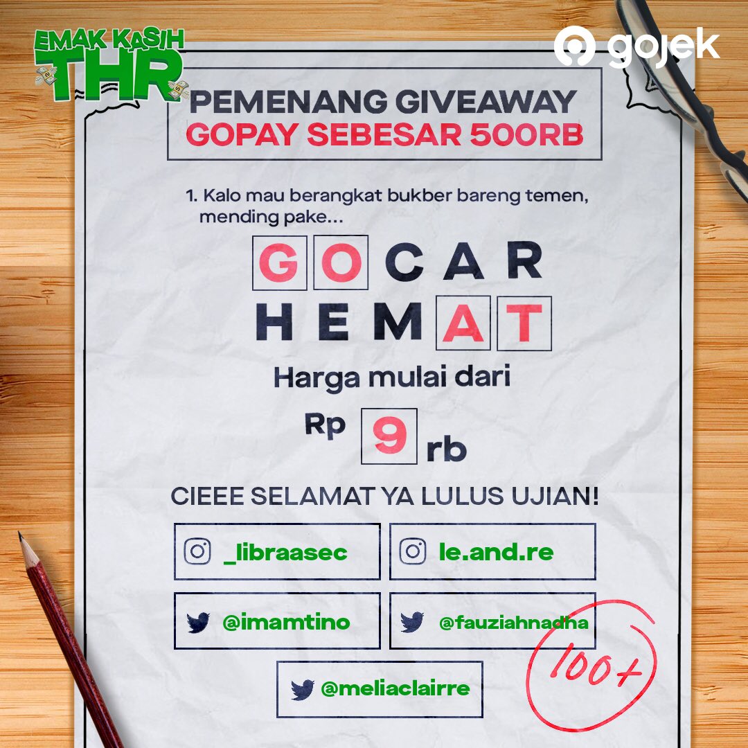 [PENGUMUMAN #GIVEAWAYGOJEK] Selamat buat kamu yang terpilih sebagai pemenang🎊 ✨️ @imamtino ✨️ @fauziahnadha ✨️ @meliaclairre Kirimkan data diri kamu lewat DM ya gaes~ Keseruan lain masih bakal datang, tungguin terus di Gojek Indonesia!