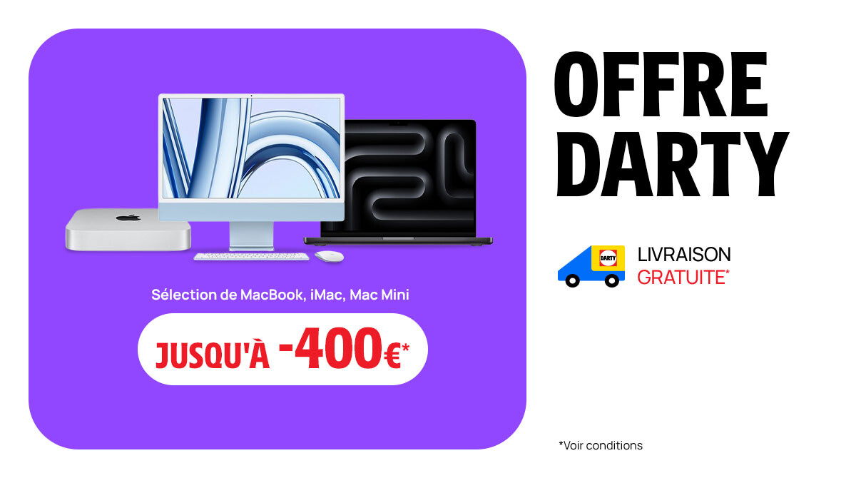 #OffreDarty 💻 Profitez de réduction allant jusqu’à 400€ sur une sélection de MacBook, iMac et Mac Mini. 🤩 👉 lc.cx/vLp1th