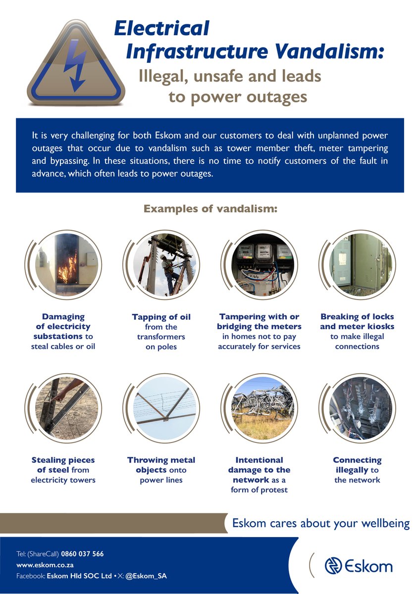The consequences of #vandalism go beyond being illegal/inconvenient; they can be fatal. It is of utmost importance to handle all cases of vandalism as emergencies. If you come across any acts of vandalism, report them to Eskom on 0860 037 566. #PublicSafety #TowerMemberTheft