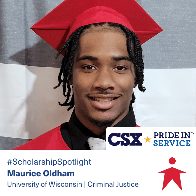 Introducing Maurice Oldham, a @CSX #PrideinService sophomore at @uwoshkosh studying Criminal Justice, whose father's service as a Chicago PD officer inspired his journey. Maurice's passion for justice drives him to excel & he hopes to pursue a career in federal law enforcement.