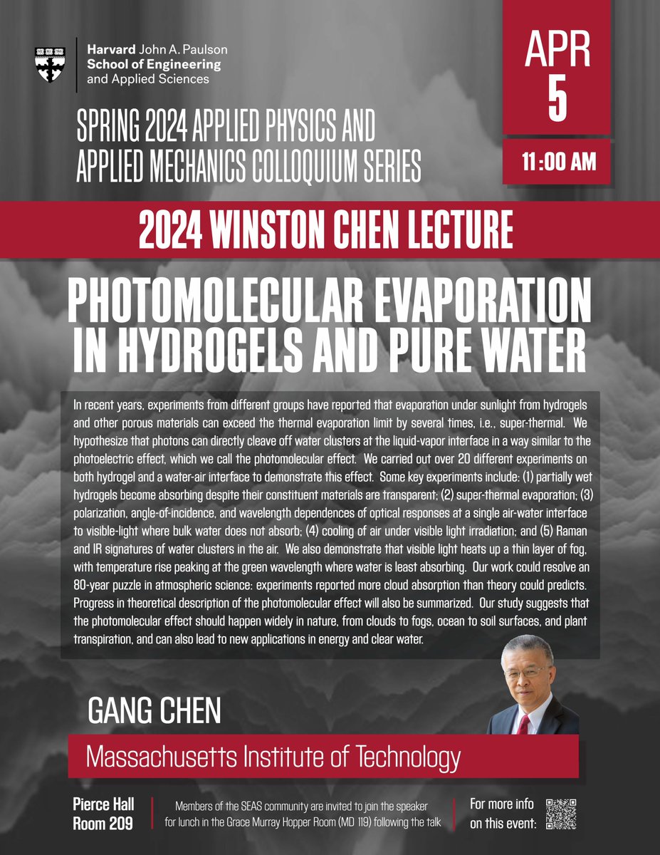 Gang Chen will give the 2024 Winston Chen Lecture at Harvard. Photomolecular Evaporation 11 am Boston time 5 April 2024 29 Pierce Hall, 29 Oxford Street, Cambridge, MA @hseas Zoom link harvard.zoom.us/j/96340109216?… Please kindly repost.