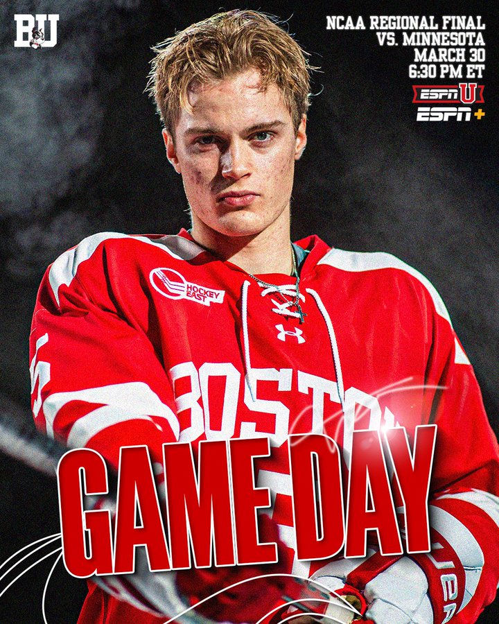 Game day graphic featuring posed photo of Tom Willander. NCAA Regional Final, BU vs. Minnesota, March 30, 6:30 PM ET on ESPNU and ESPN+