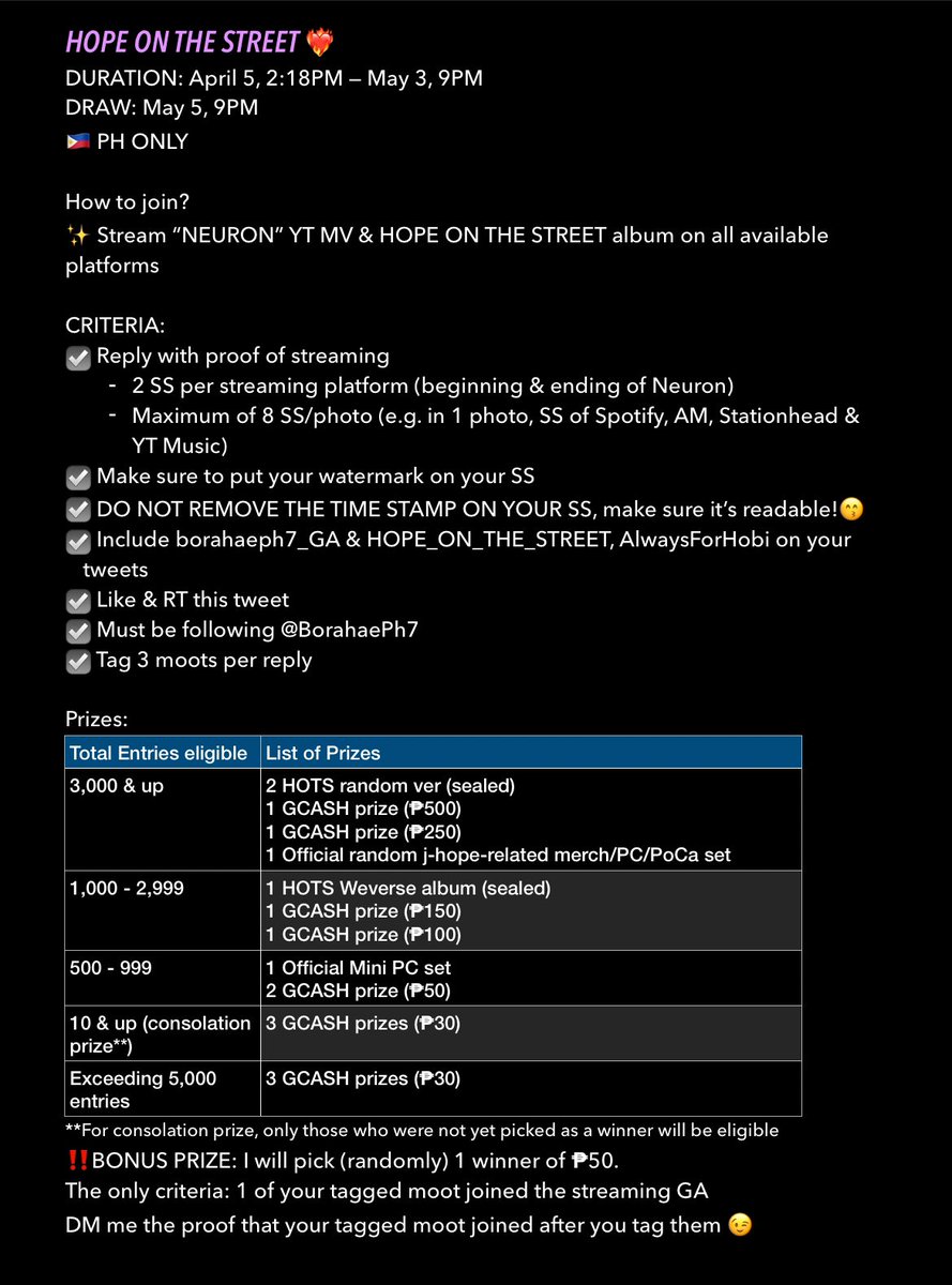 BorahaePh7's tweet photo. HOPE ON THE STREET GA STARTS ON APRIL 5🕺🏻

Get a chance to win 2 sealed HOTS album &amp; 1 HOTS WV album by streaming!😉
I have GCASH prizes &amp; PCs too!🫶🏻

Make sure to read the guidelines &amp; don’t be shy to ask for clarifications. 😌

#AlwaysForHobi 
#borahaeph7_GA
#HOPE_ON_THE_STREET https://t.co/THkRNs7HY2