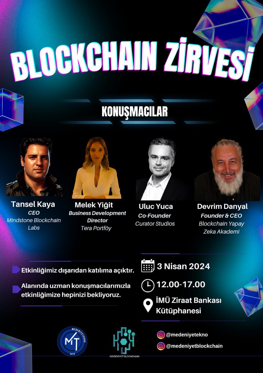 @MedeniyeTekno ve Medeniyet Blockchain kulüpleri olarak sizleri 3 Nisan'da gerçekleştireceğimiz Blockchain Zirvesi'ne davet etmekten büyük mutluluk duyuyoruz. 😊 Bu etkinlikte, sektörün önde gelen uzmanlarıyla bir araya gelerek Blockchain dünyasına dair merak ettiğiniz her…